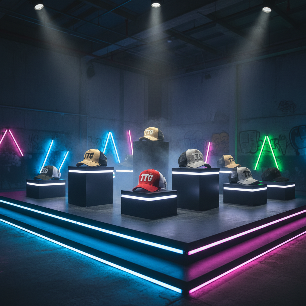 Cinematic TTG Hats showcase with neon lighting