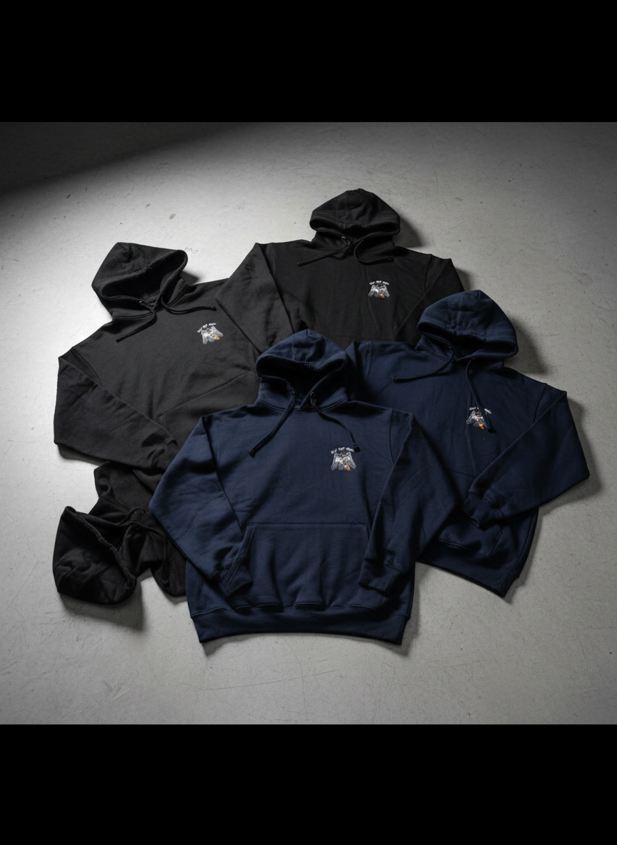 Navy and Black TTG Hoodies artistic flat lay