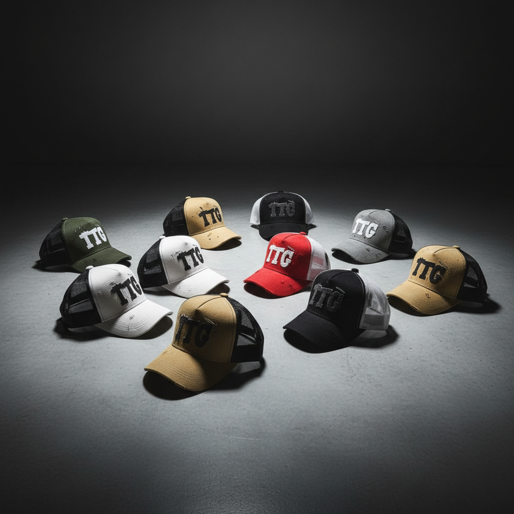 Premium TTG Hats showcase with dramatic studio lighting