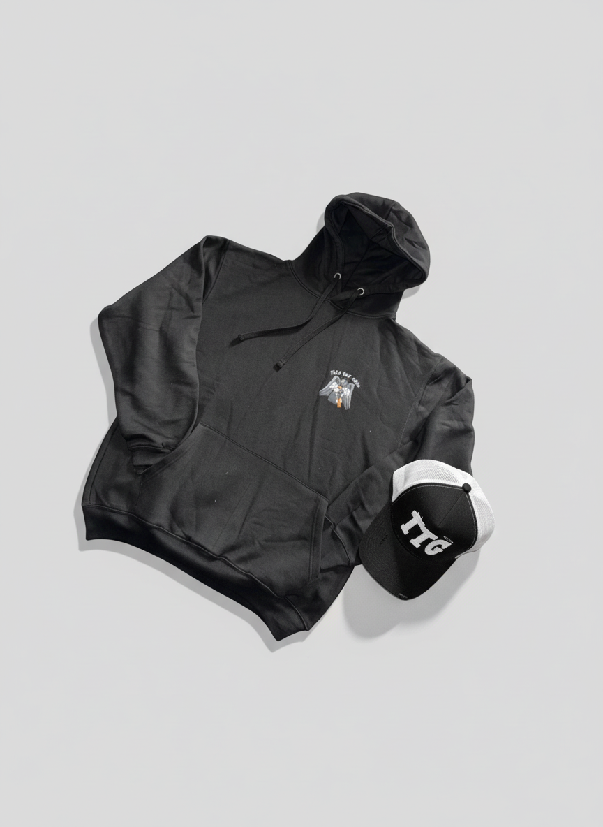 TTG Hat and hoodie diagonal composition