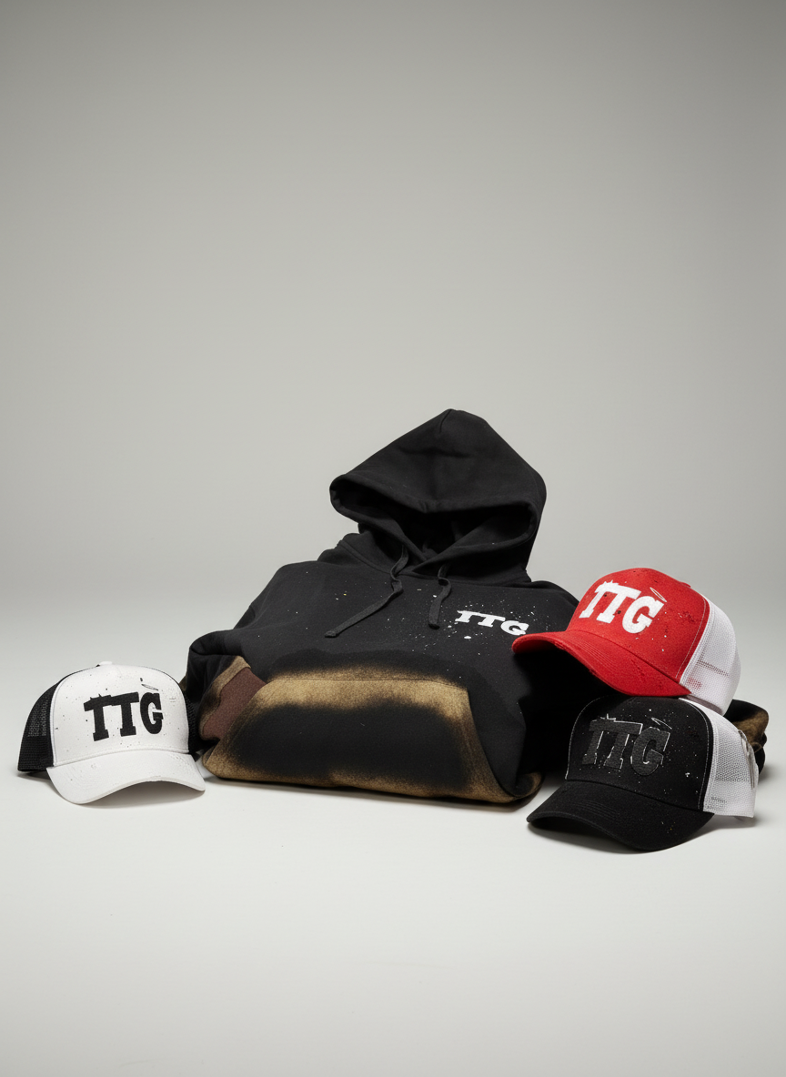 “TTG Hats featuring a bold 3D and brick-textured design.”