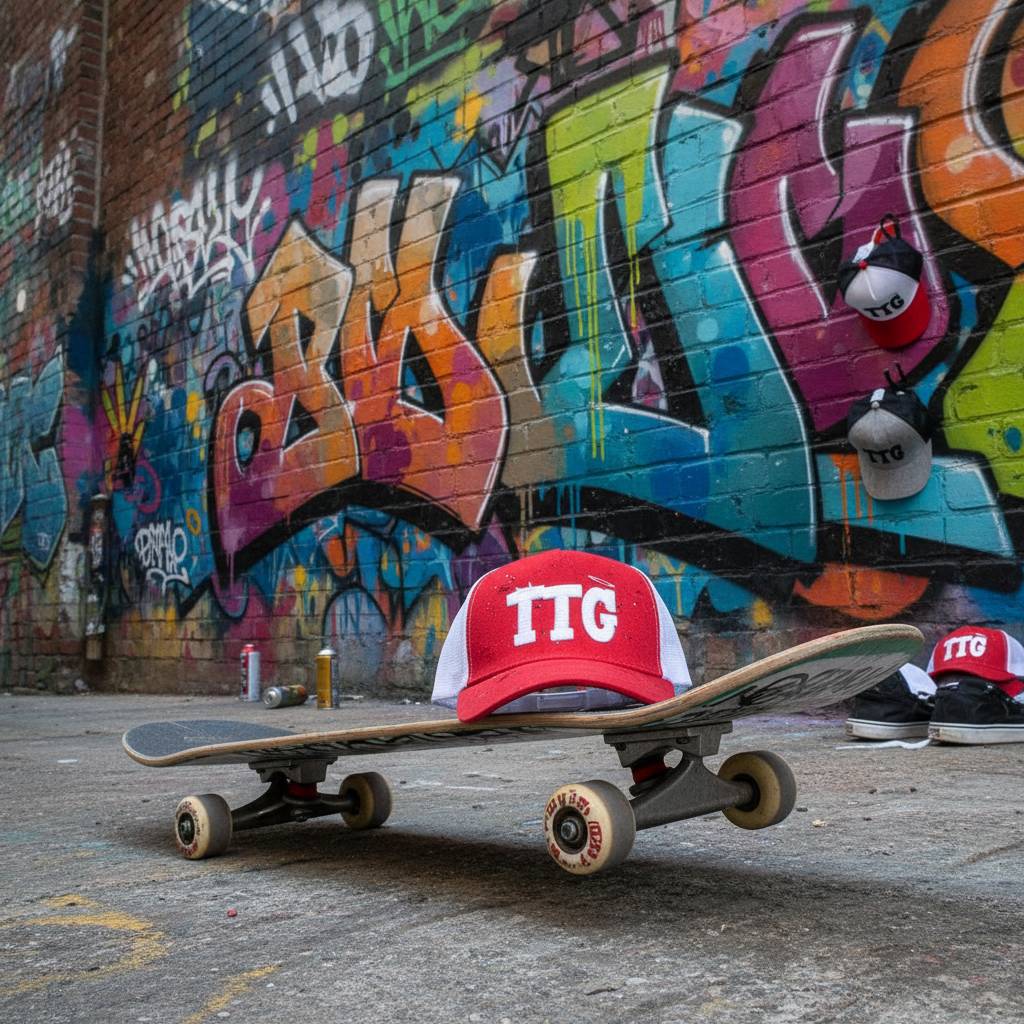TTG Hat on skateboard with graffiti mural