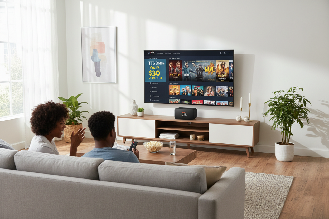 TTG Streams device with cartoon in modern living room