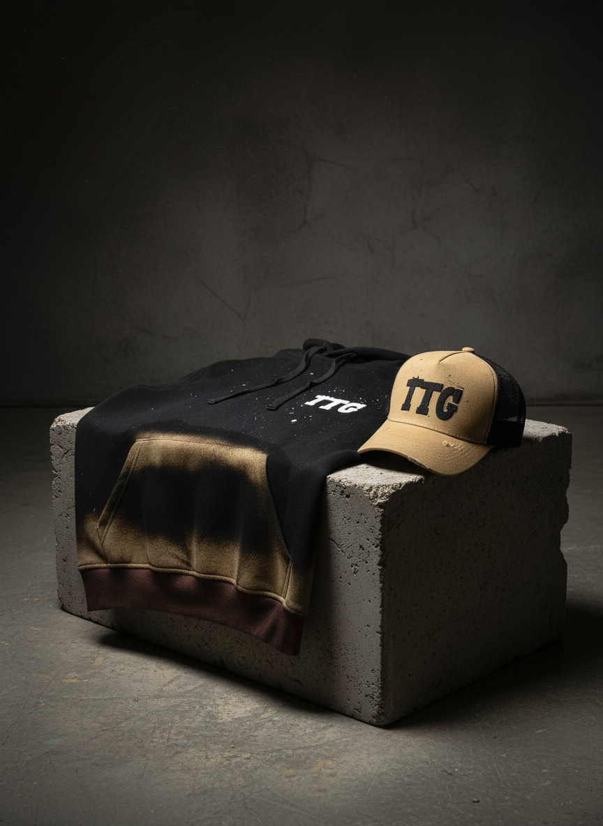 TTG SunSet Hoodie and tan hat on concrete