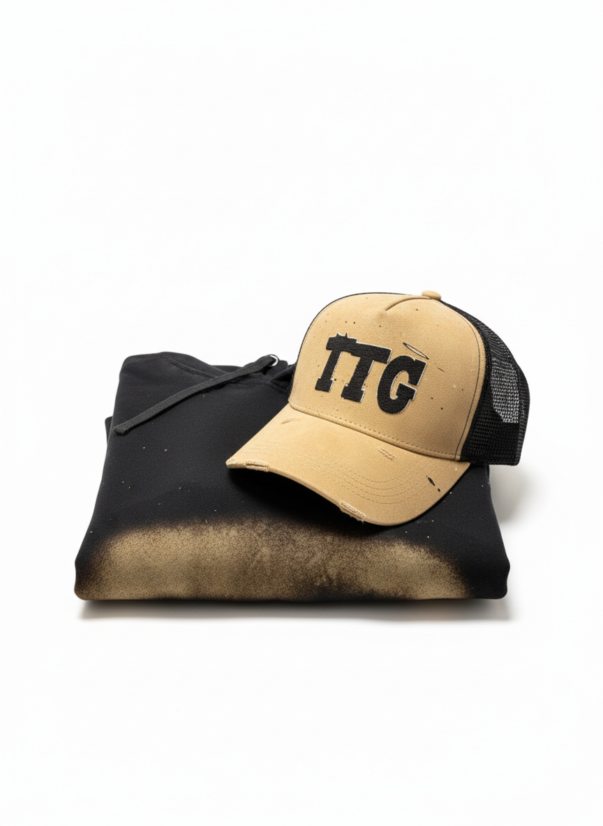 TTG SunSet Hoodie and tan hat stacked clean white